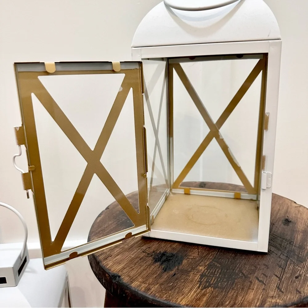 Set Of 2 Medium White Vintage Lanterns W/ Matte Gold Interior Metal & Glass